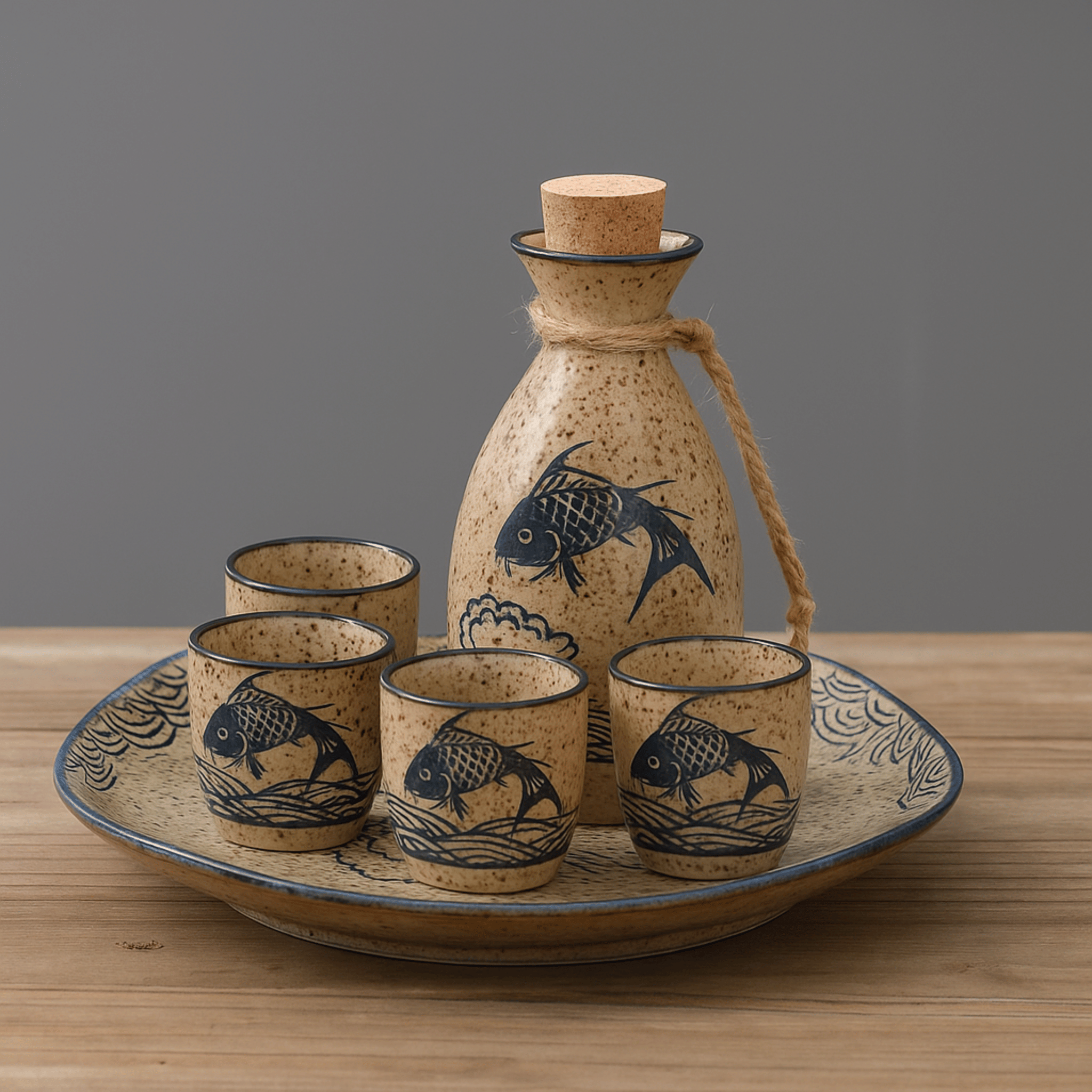 Elegant Ceramic Sake Set with Koi Motif – Handcrafted Japanese Carafe & Cups for Hot and Cold Serving