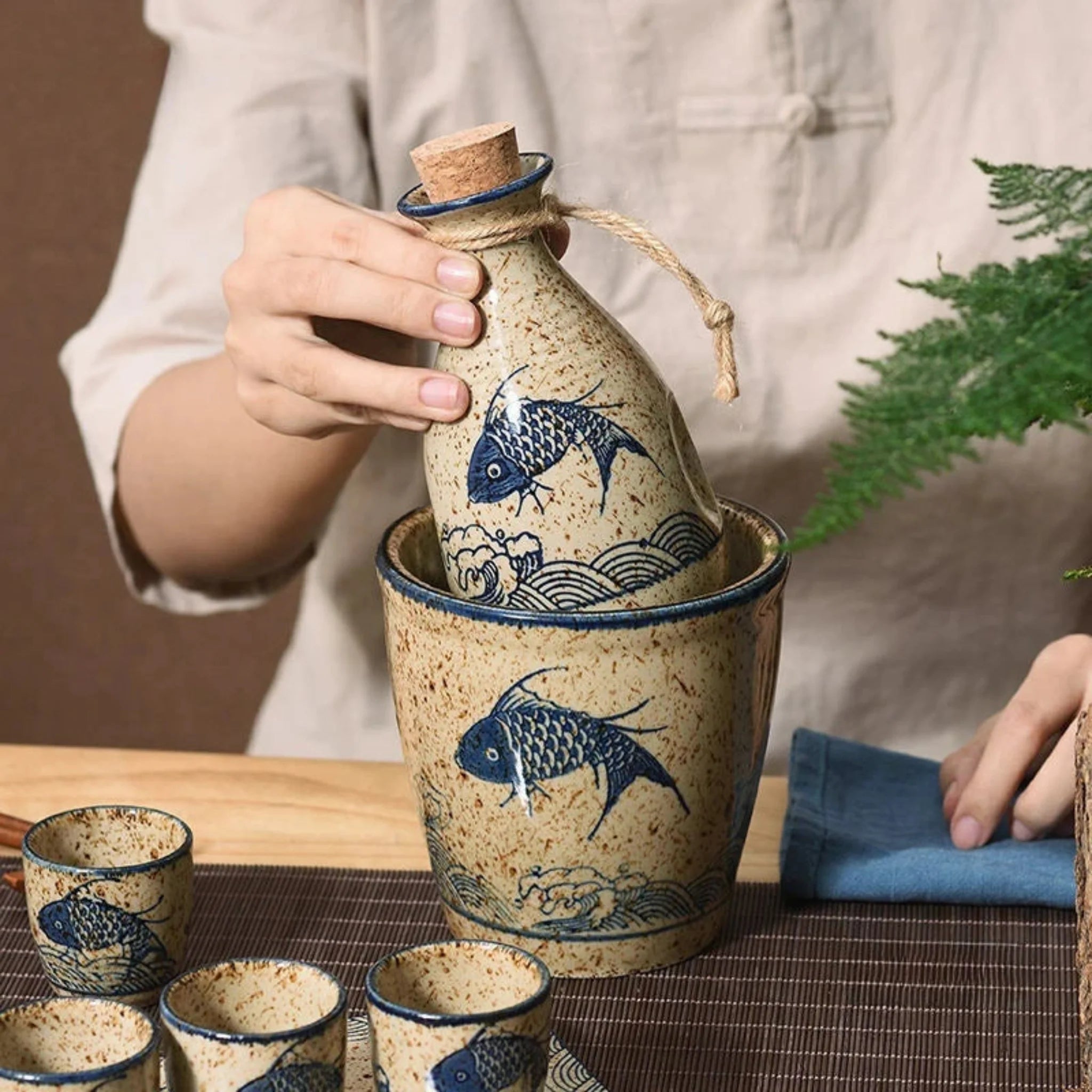 Elegant Ceramic Sake Set with Koi Motif – Handcrafted Japanese Carafe & Cups for Hot and Cold Serving