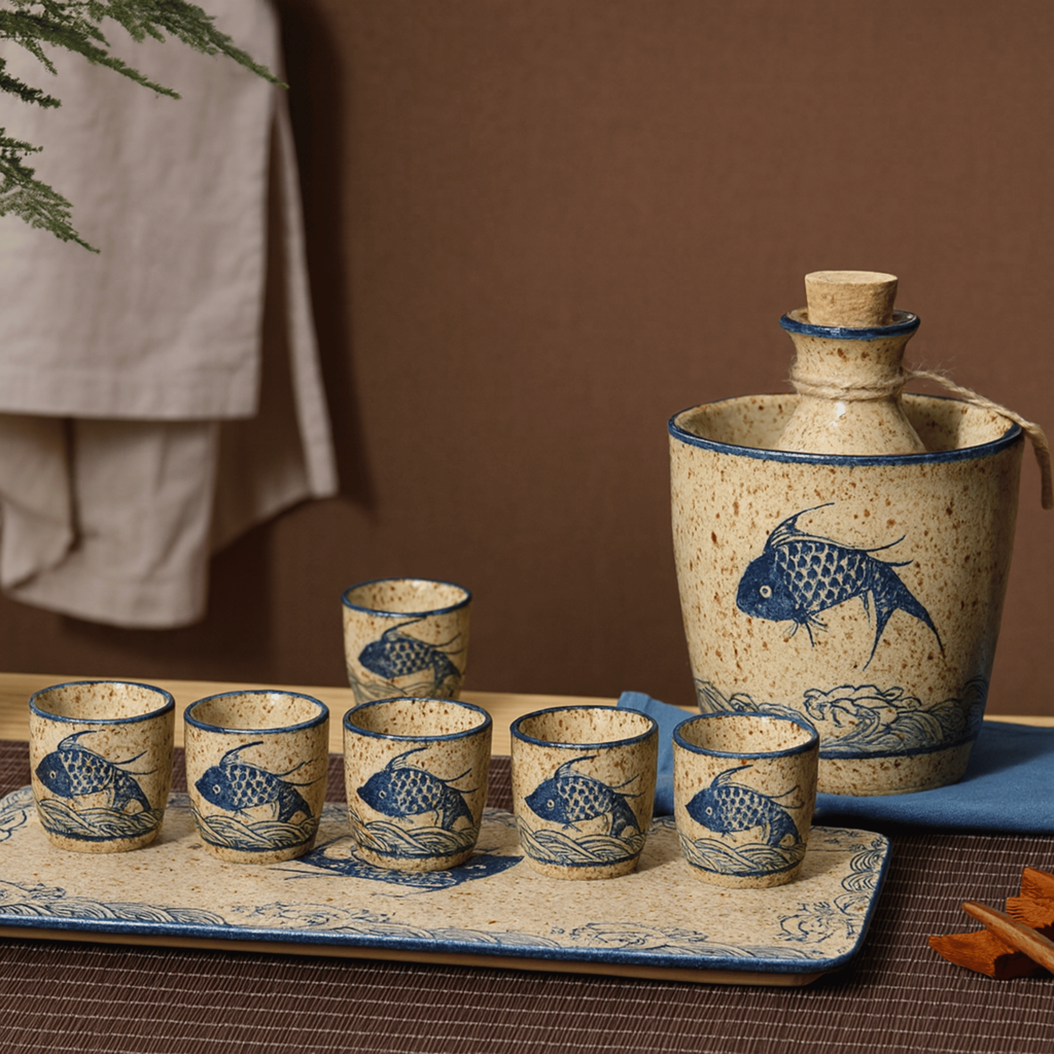 Elegant Ceramic Sake Set with Koi Motif – Handcrafted Japanese Carafe & Cups for Hot and Cold Serving