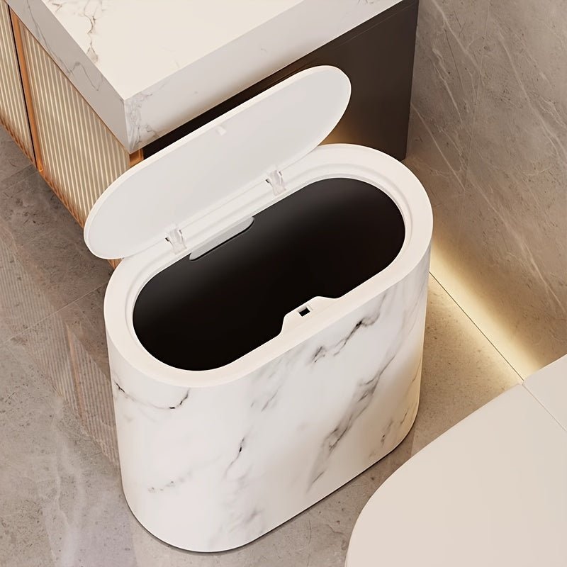 Elegant Oval Marble-Pattern Waste Bin - Stylish Slim Trash Can for Bathrooms, Offices and Living Spaces