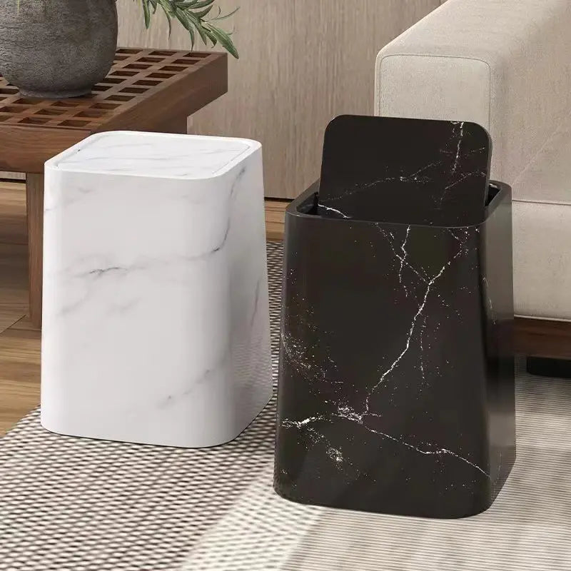 Elegant Marble-Design Trash Can with Swing Lid – Dual-Compartment Waste Bin for Bathroom, Office & Bedroom