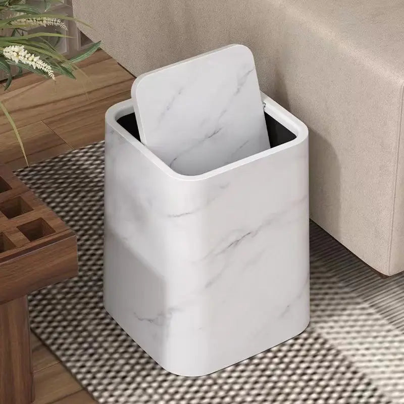 Elegant Marble-Design Trash Can with Swing Lid – Dual-Compartment Waste Bin for Bathroom, Office & Bedroom