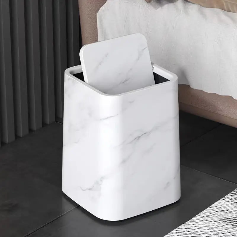 Elegant Marble-Design Trash Can with Swing Lid – Dual-Compartment Waste Bin for Bathroom, Office & Bedroom
