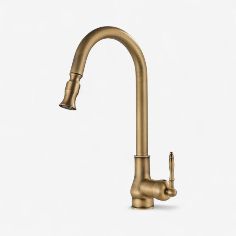 Antique Brass Kitchen Faucet with Adjustable Spout and Durable Design