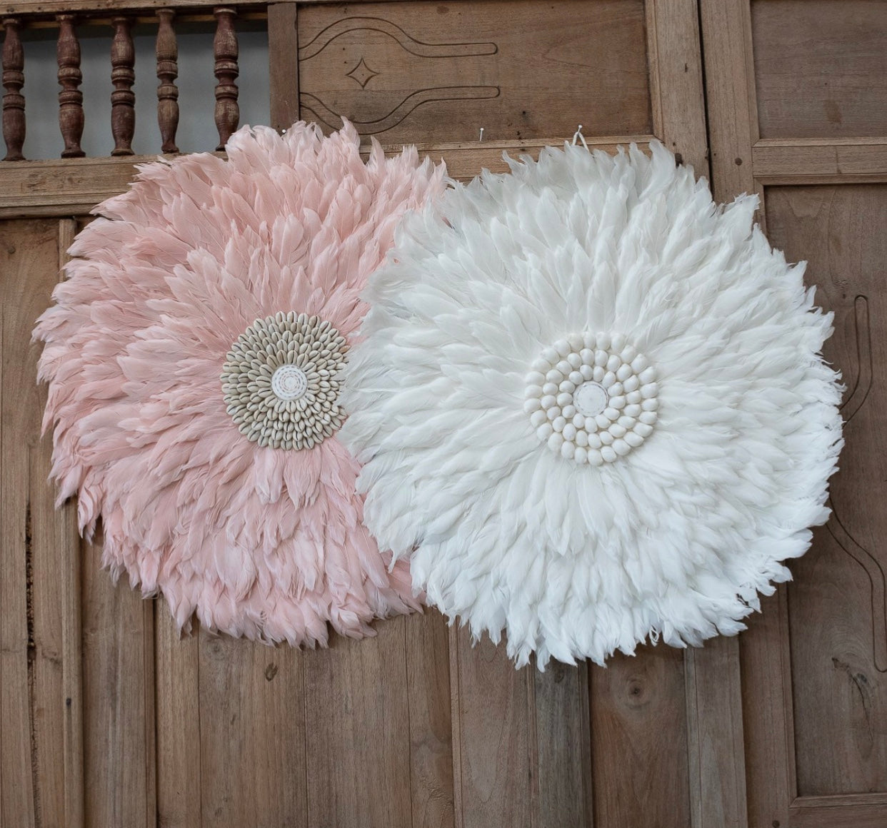 Boho Feather Juju Hat Wall Hanging with Natural Shell or Mirror Center