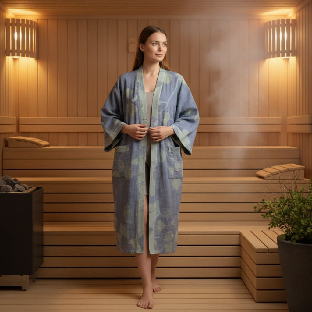 Sora Kimono Bathrobe in Organic Cotton Gauze – Breathable Japanese-Style Robe with Ginkgo Leaf Motif