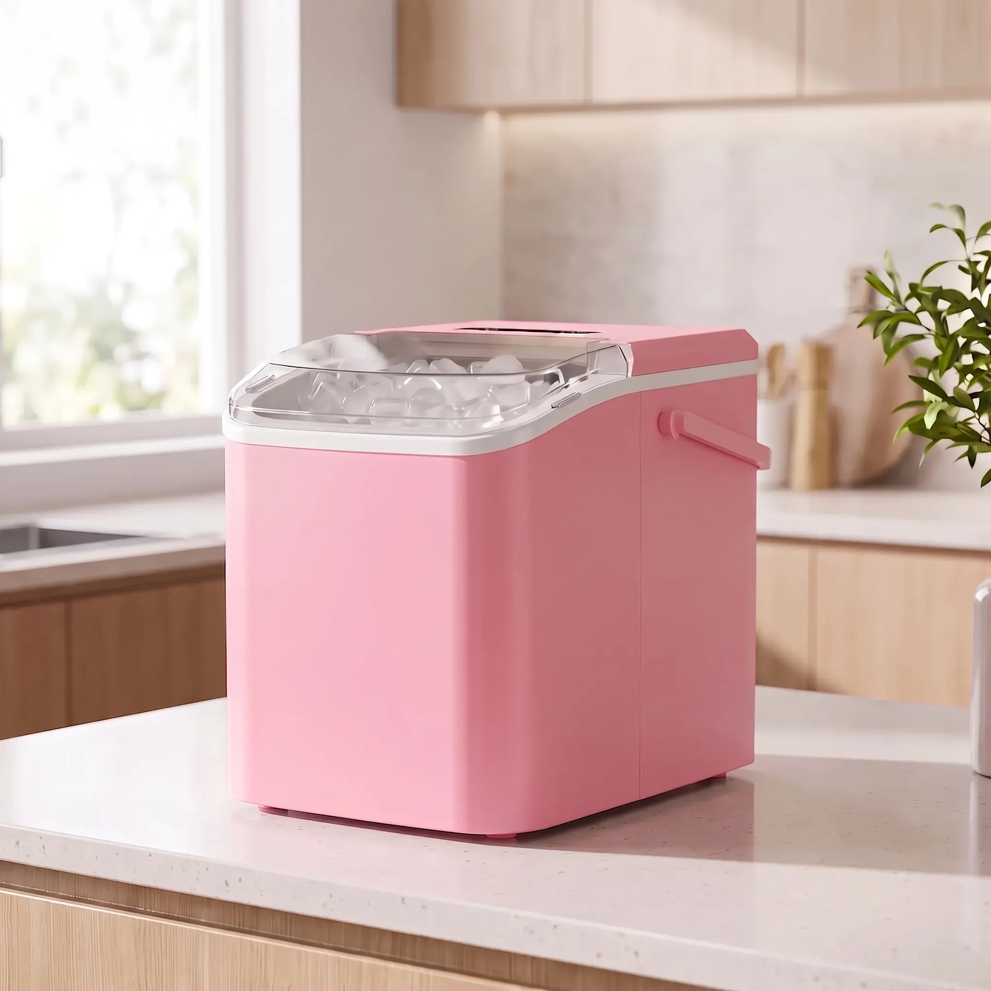 Pink countertop ice maker on a kitchen counter