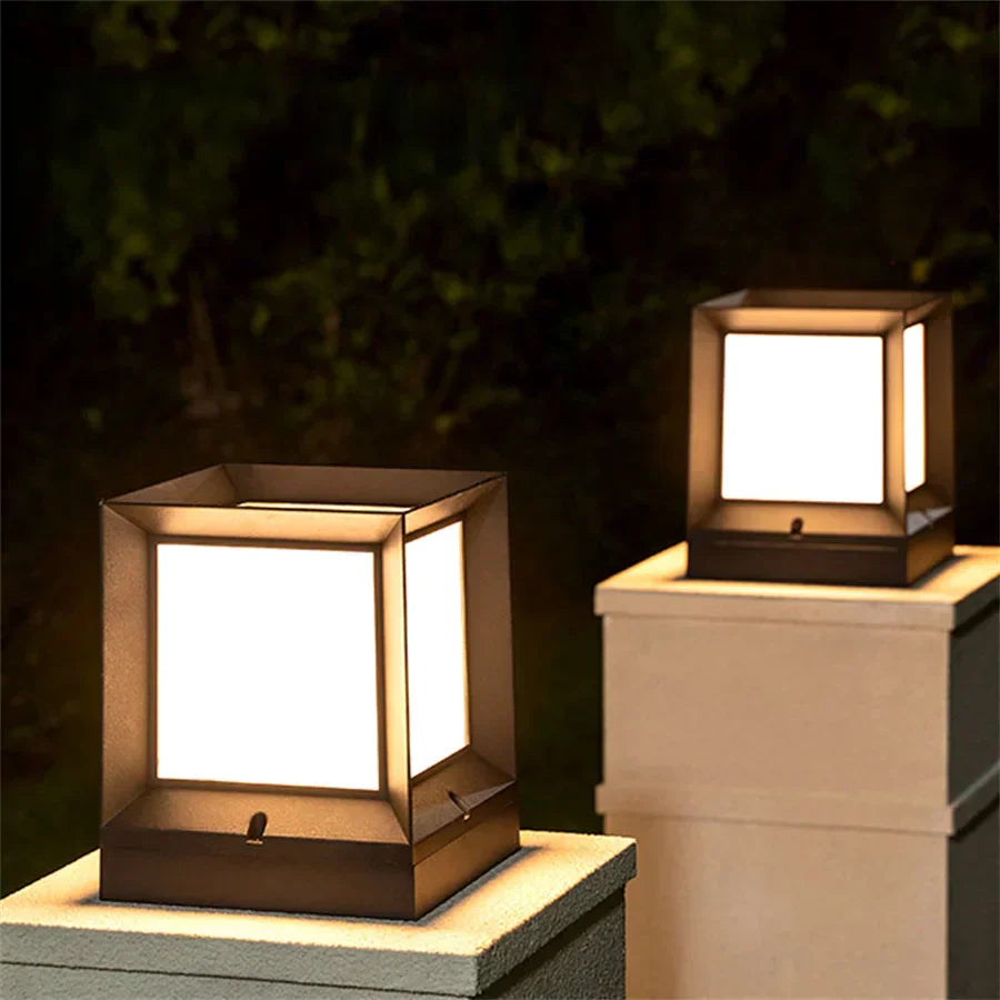 Modern Outdoor Pillar Light – Weatherproof Black Frame Post Lantern with Soft White Diffuser