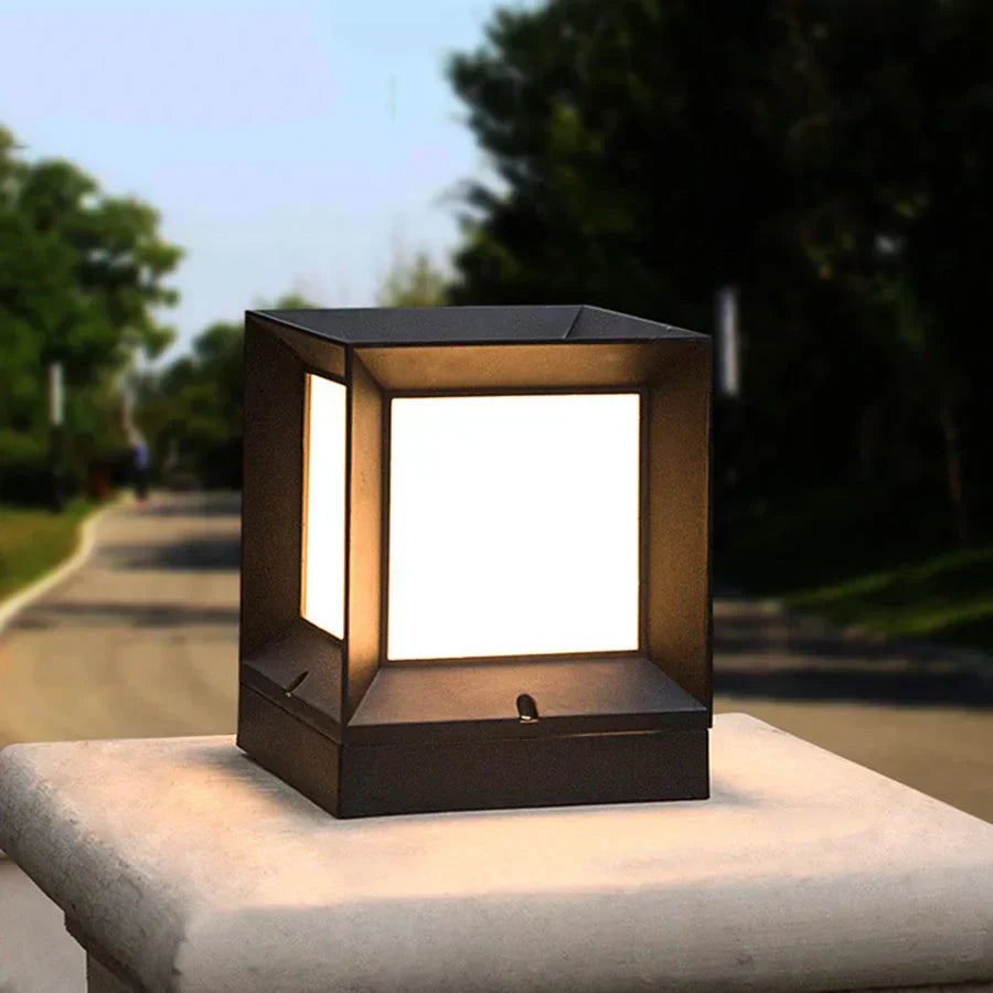 Modern Outdoor Pillar Light – Weatherproof Black Frame Post Lantern with Soft White Diffuser