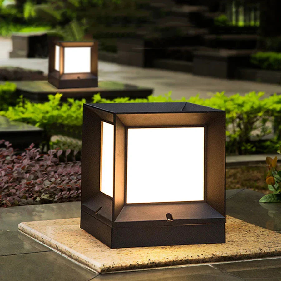 Modern Outdoor Pillar Light – Weatherproof Black Frame Post Lantern with Soft White Diffuser