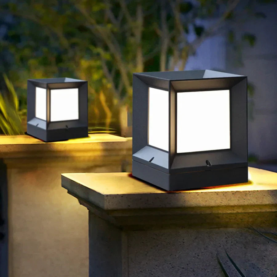 Modern Outdoor Pillar Light – Weatherproof Black Frame Post Lantern with Soft White Diffuser
