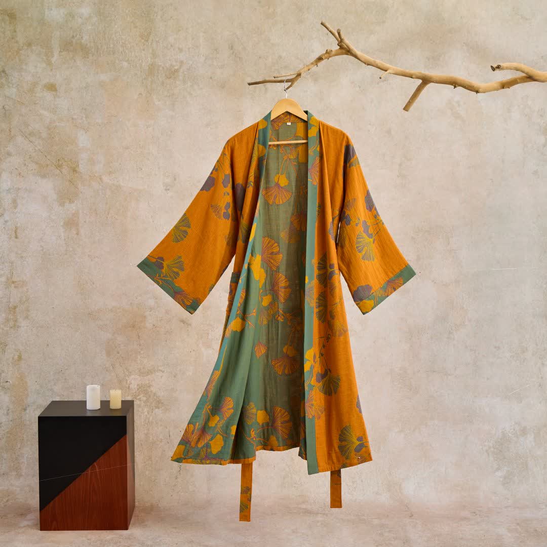 Luma Reversible Kimono Cotton Bathrobe – Organic Double-Gauze Two-Tone Robe for Natural Everyday Comfort