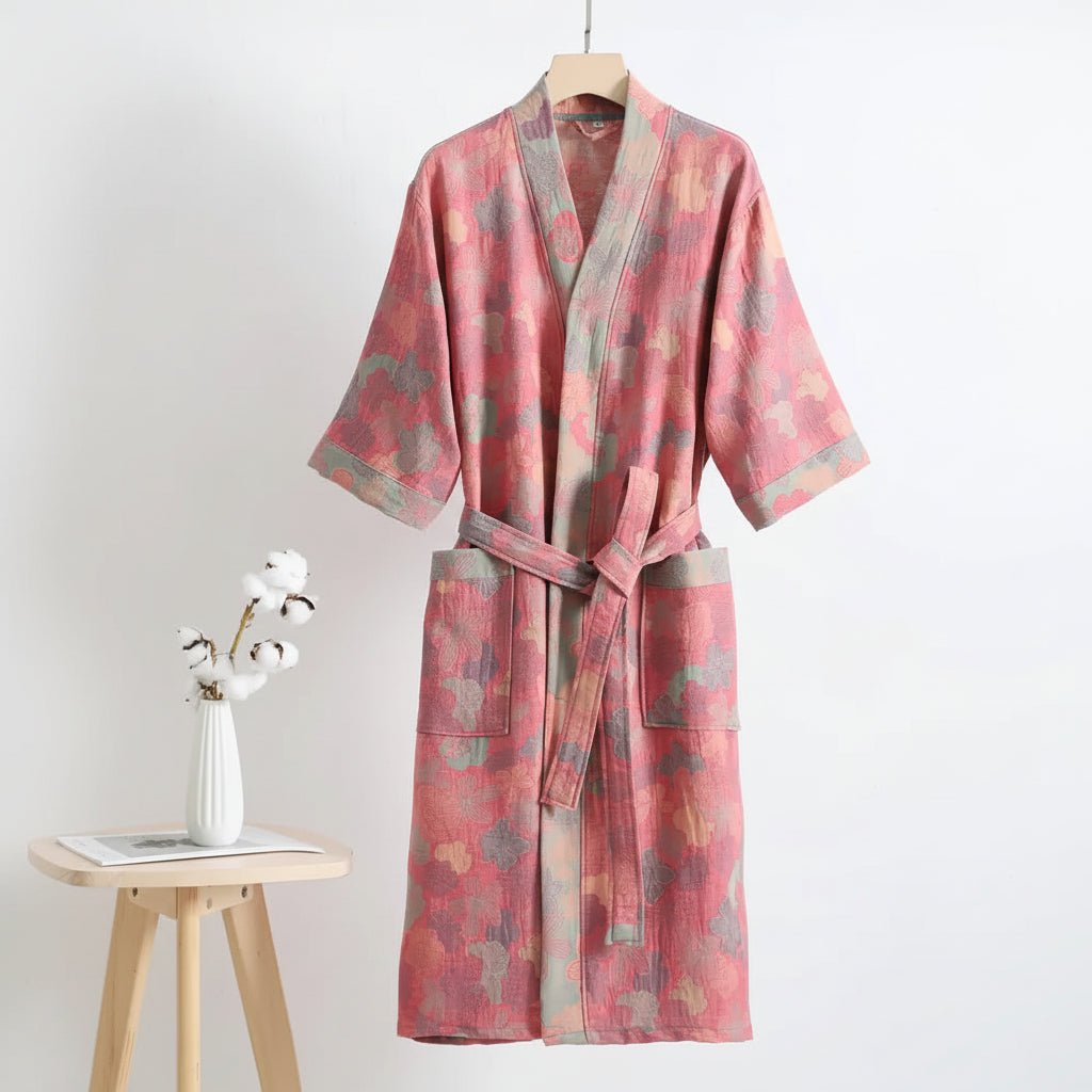 Reversible Organic Cotton Kimono Bathrobe - Soft Breathable Lounge Robe for Spa Days and Relaxing at Home