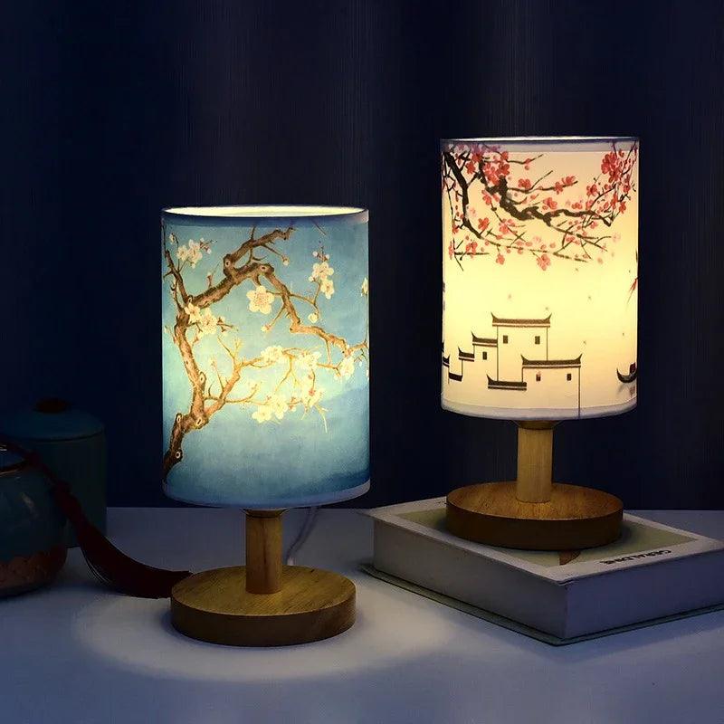 Japanese Cherry Blossom Table Lamp – Natural Wood Base with Fabric Shade for Bedside & Living Room