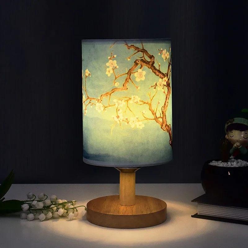 Japanese Cherry Blossom Table Lamp – Natural Wood Base with Fabric Shade for Bedside & Living Room