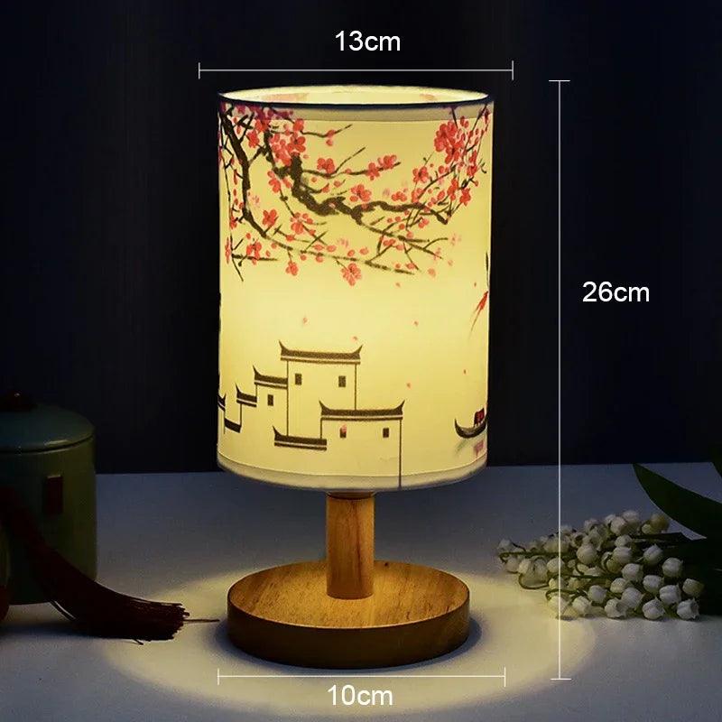 Japanese Cherry Blossom Table Lamp – Natural Wood Base with Fabric Shade for Bedside & Living Room