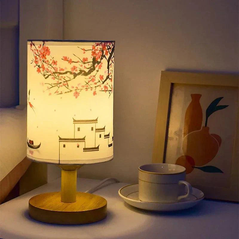 Japanese Cherry Blossom Table Lamp – Natural Wood Base with Fabric Shade for Bedside & Living Room