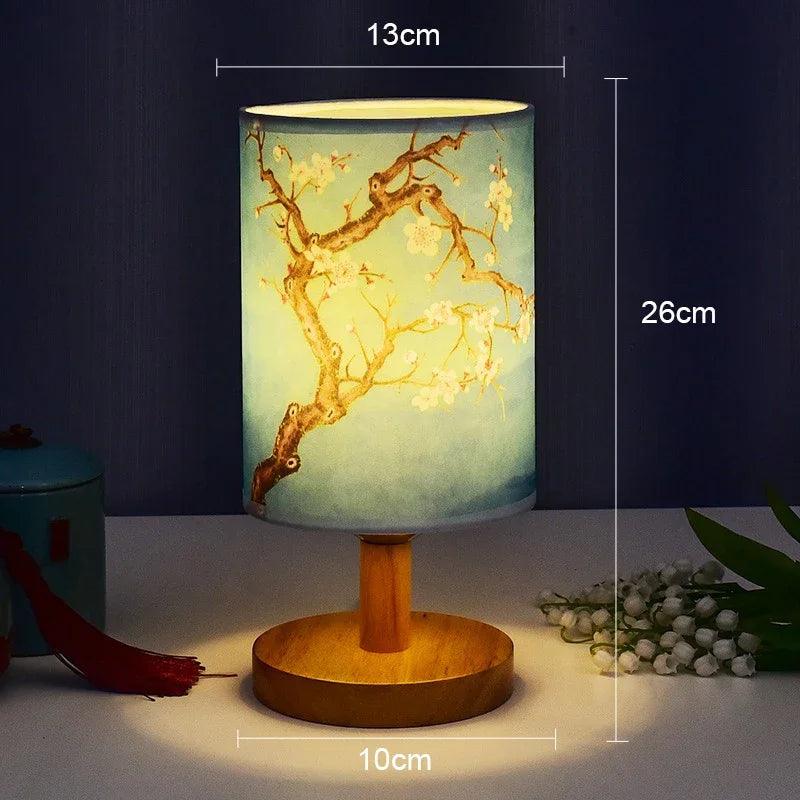 Japanese Cherry Blossom Table Lamp – Natural Wood Base with Fabric Shade for Bedside & Living Room