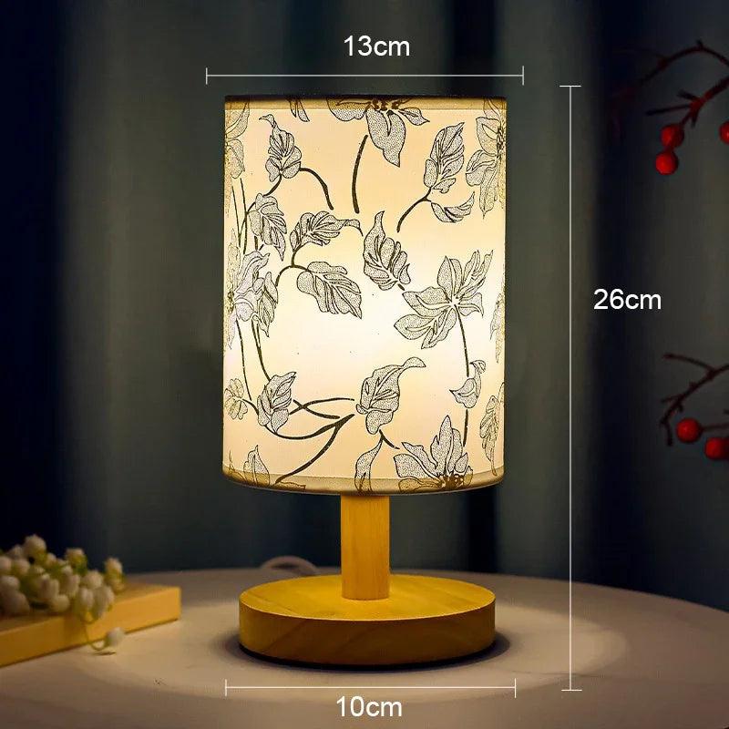 Japanese Cherry Blossom Table Lamp – Natural Wood Base with Fabric Shade for Bedside & Living Room