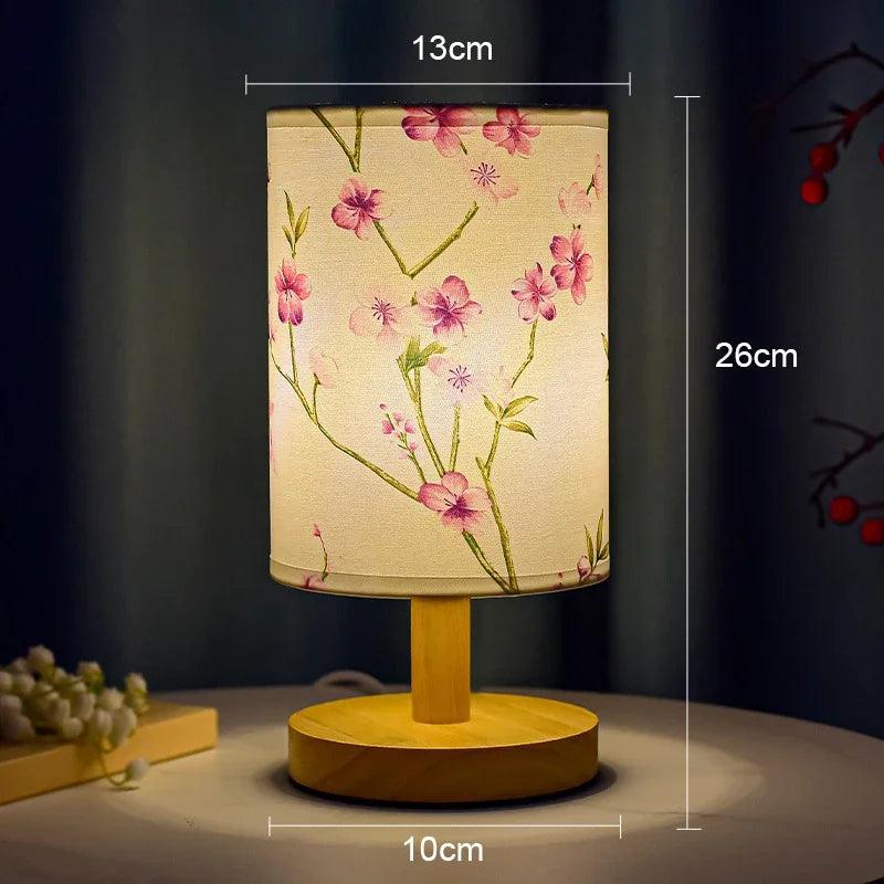 Japanese Cherry Blossom Table Lamp – Natural Wood Base with Fabric Shade for Bedside & Living Room
