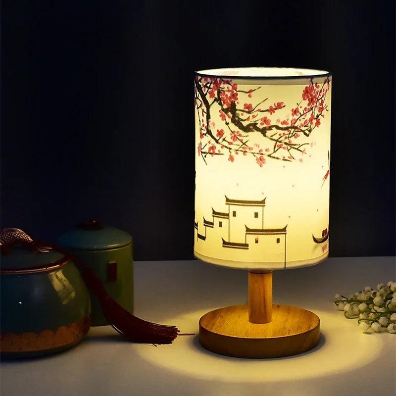 Japanese Cherry Blossom Table Lamp – Natural Wood Base with Fabric Shade for Bedside & Living Room