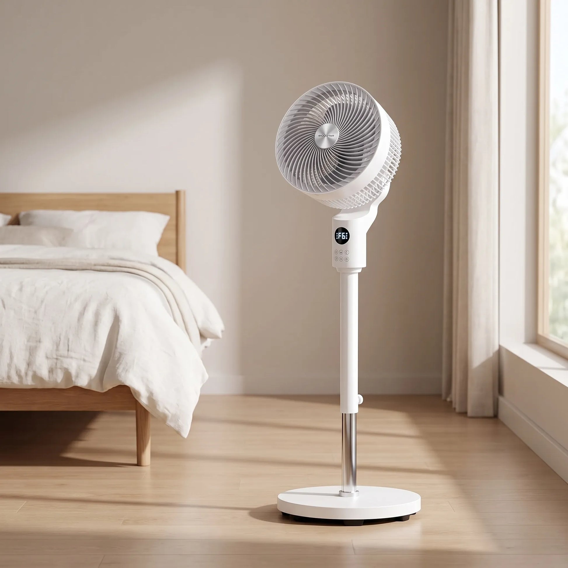 Modern oscillating pedestal fan in a living room