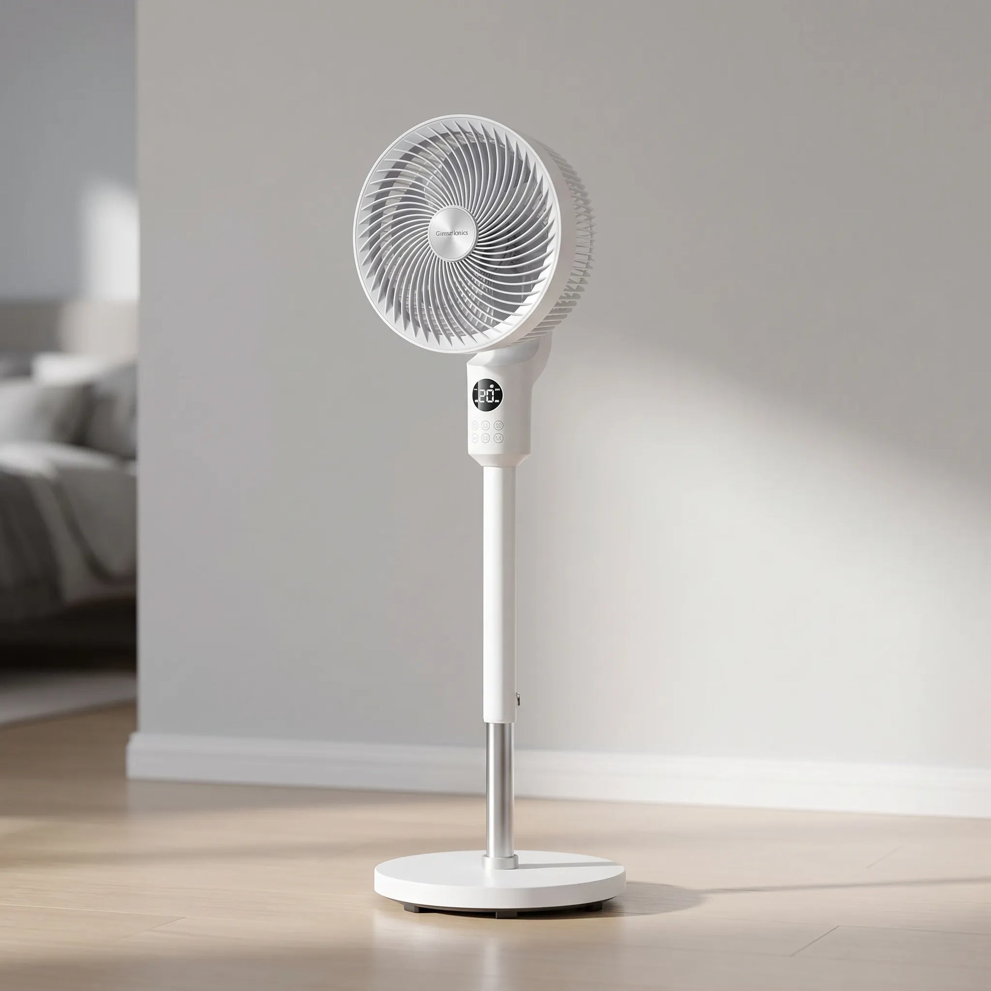 Slim pedestal fan next to a sofa