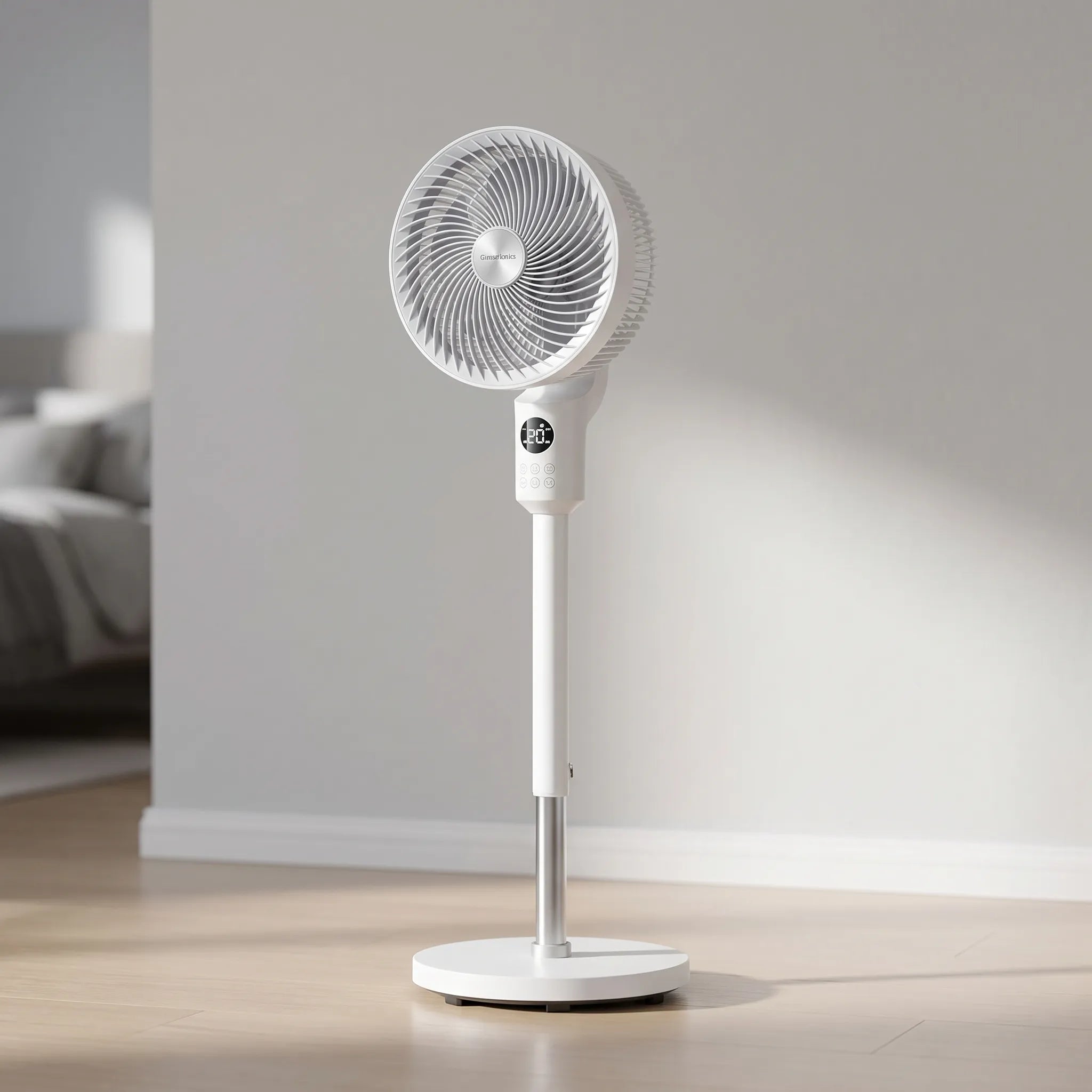 Slim pedestal fan next to a sofa