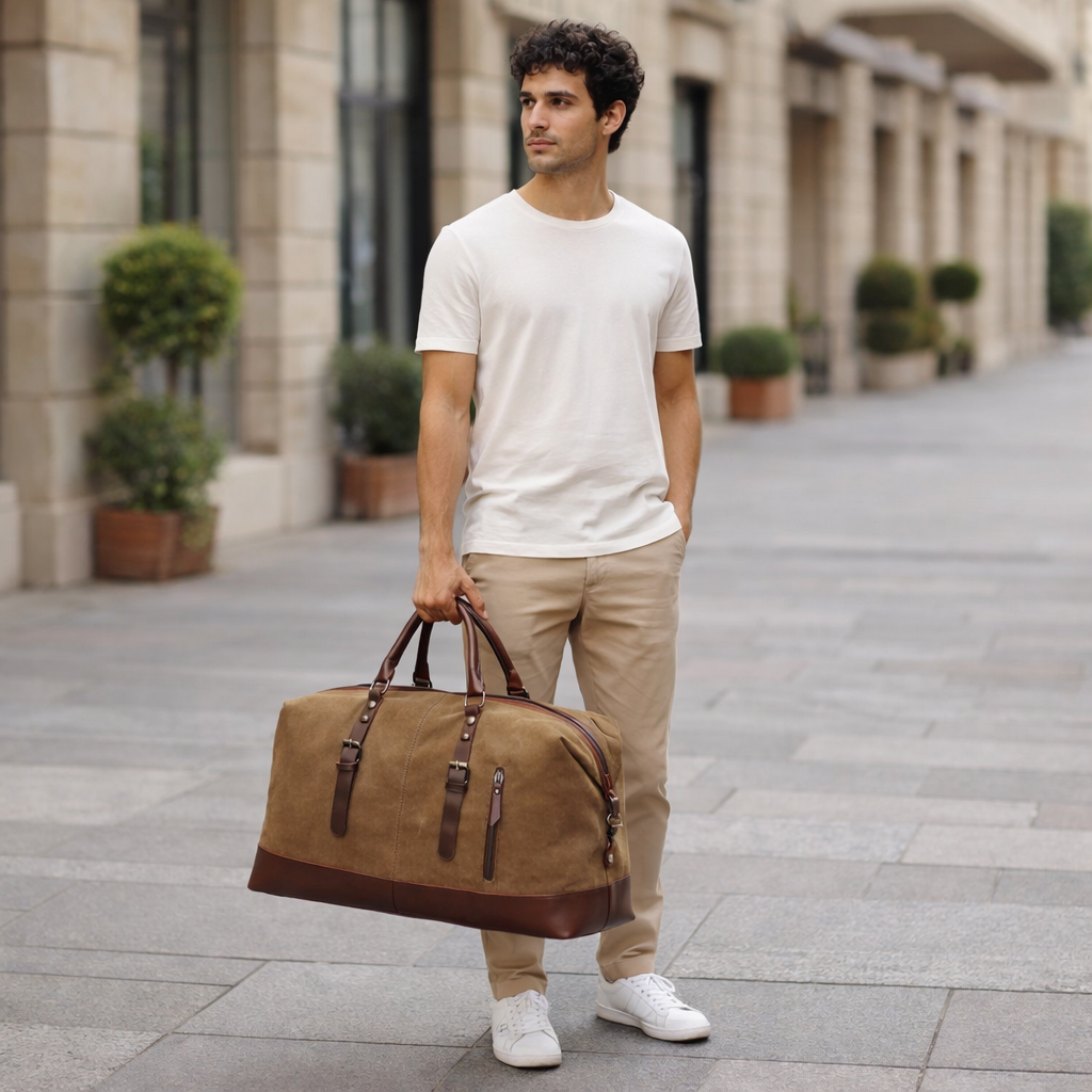 Men's Leather & Canvas Duffel Bag | Overnight Travel Weekender