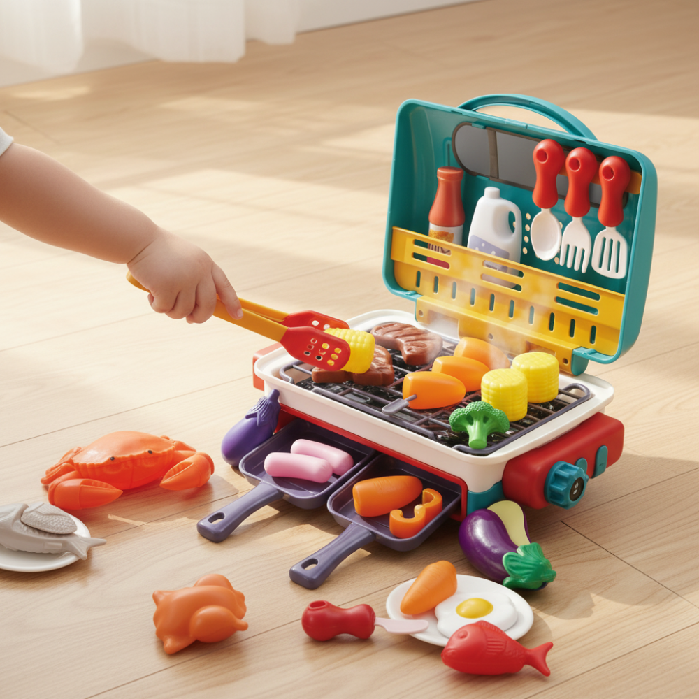 My First BBQ Kids Grill Playset with Color-Changing Food & Smoke Effect – Pretend Play BBQ Set for Young Chefs