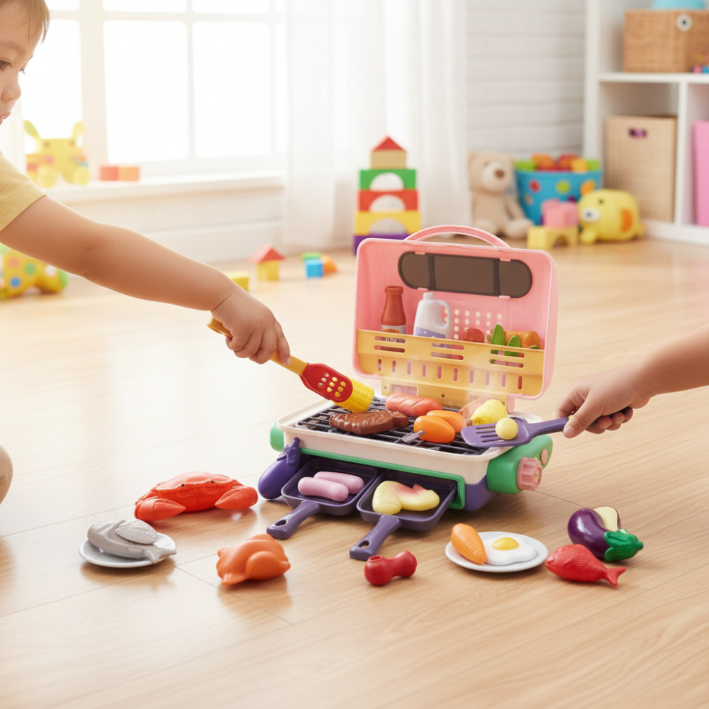 My First BBQ Kids Grill Playset with Color-Changing Food & Smoke Effect – Pretend Play BBQ Set for Young Chefs