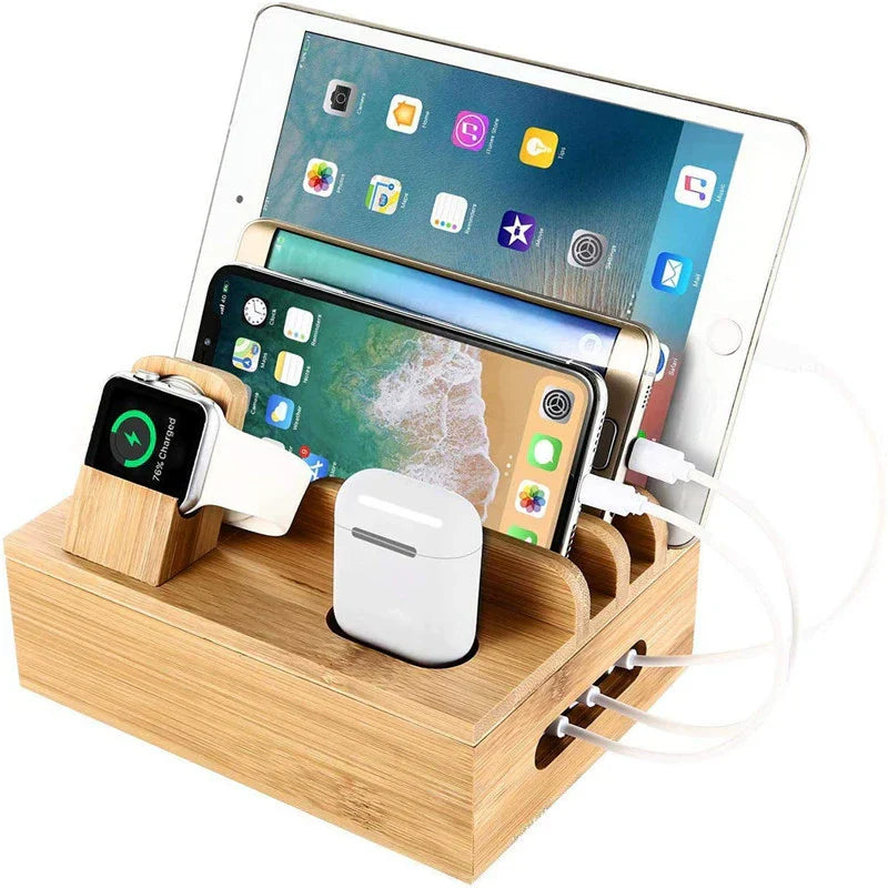 Bamboo 5-Port USB Charging Station & Desk Organiser – Multi-Device Charging Dock for Phones, Tablets & Watches