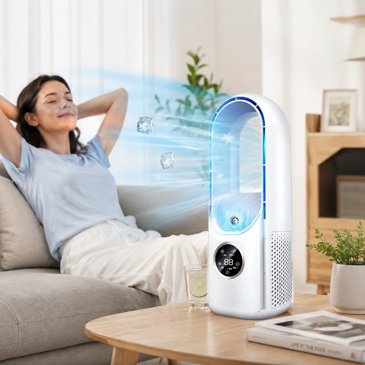 Bladeless personal air cooler on a desk delivering quiet airflow