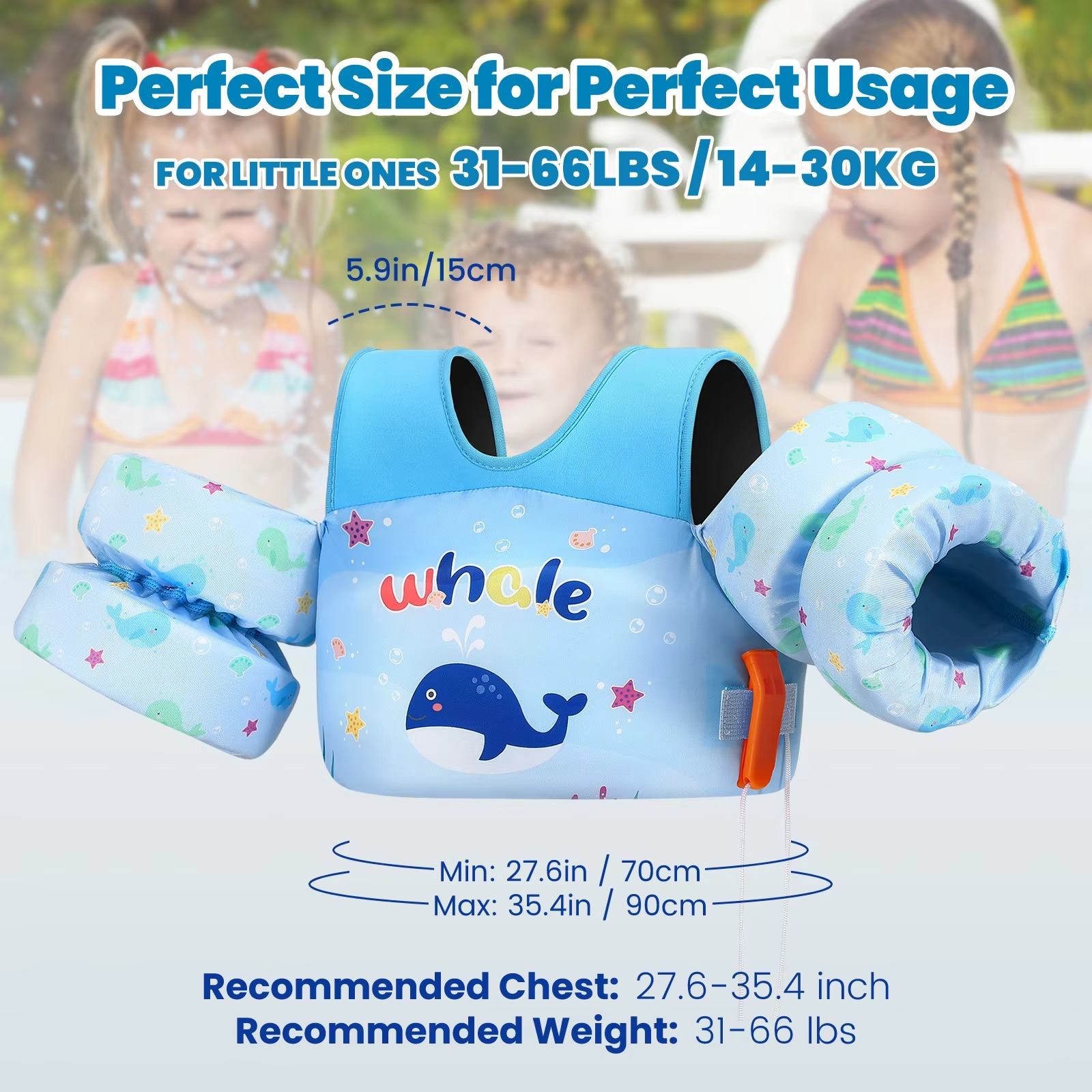 Kids Foam Swimming Life Vest with Arm Floats and Safety Whistle
