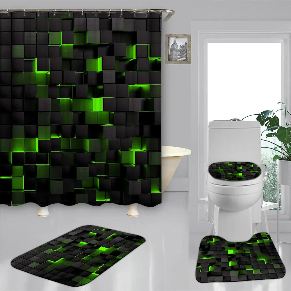 Waterproof Blue and Black Shower Curtain and Bathroom Mat Set 4-Piece