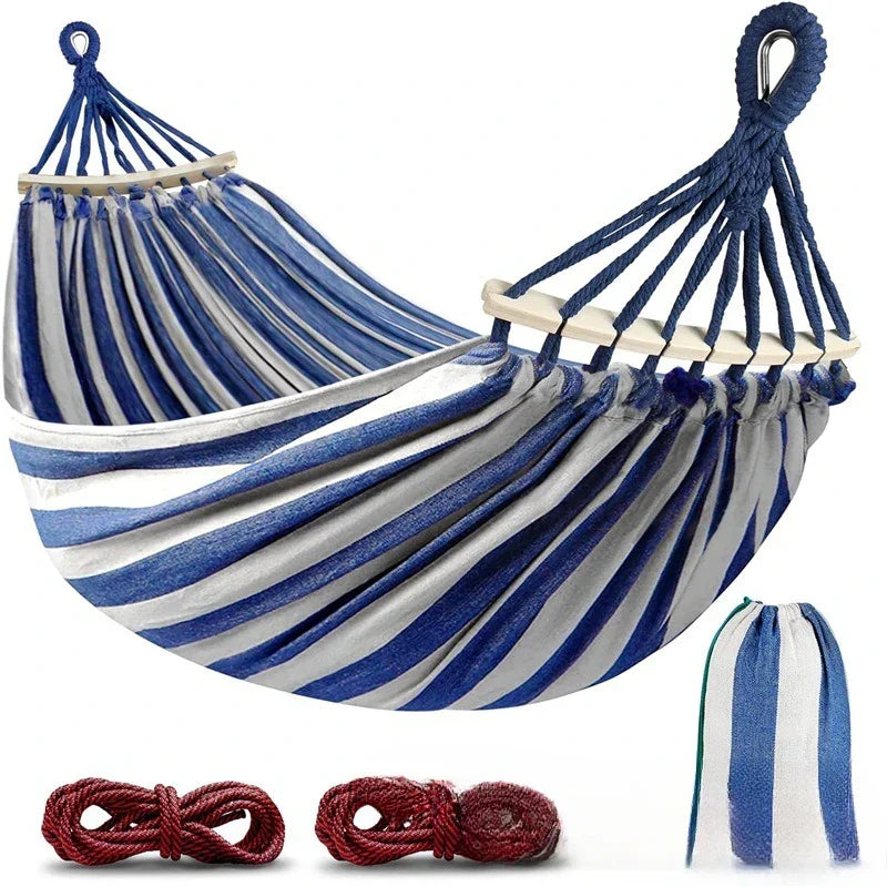 Portable Double Canvas Hammock with Anti-Roll Wooden Spreader Bars