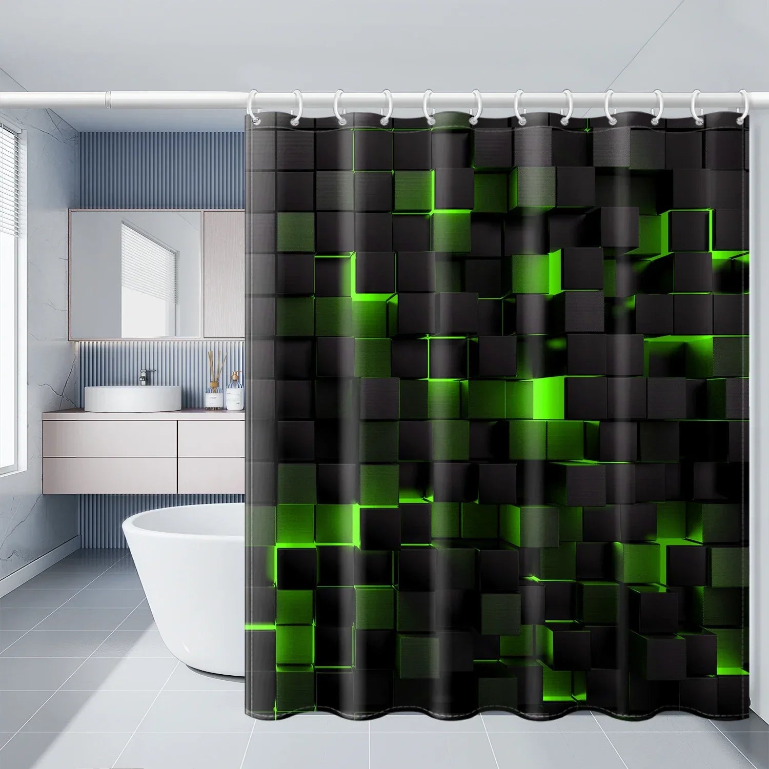 Waterproof Blue and Black Shower Curtain and Bathroom Mat Set 4-Piece