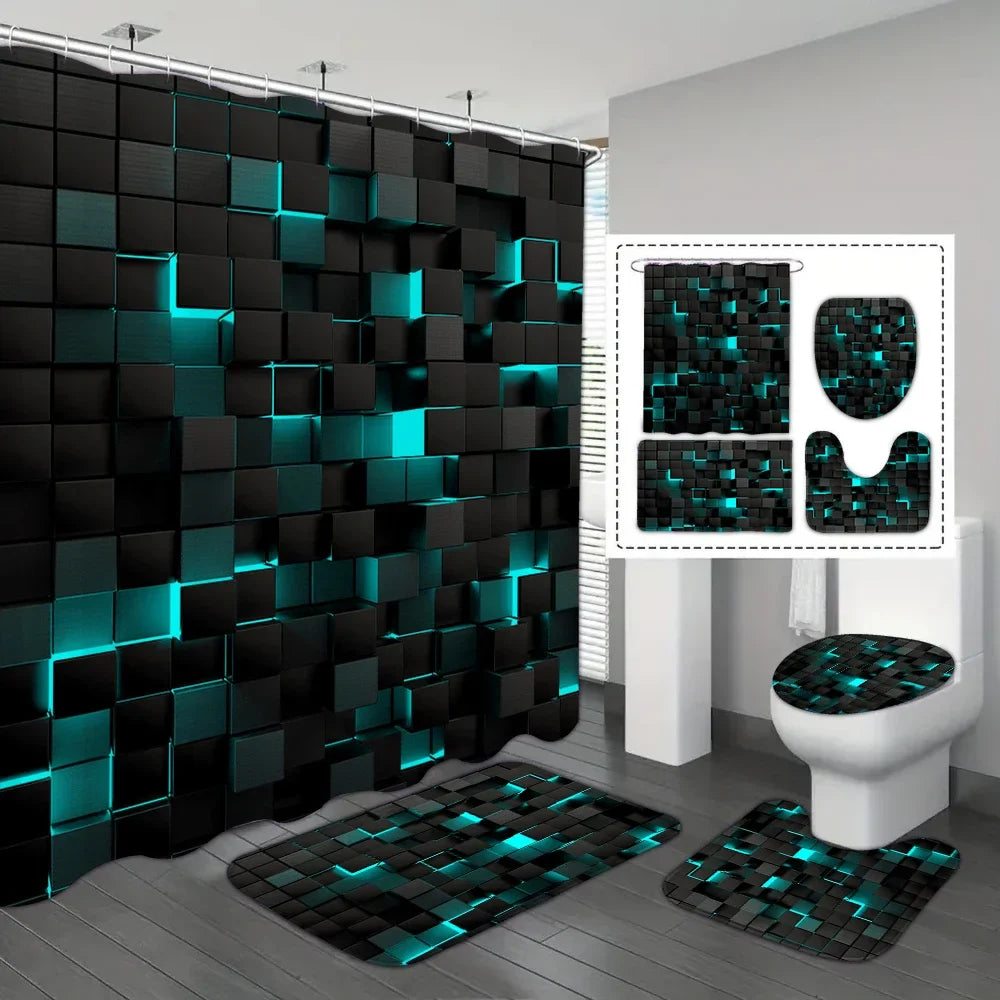 Waterproof Blue and Black Shower Curtain and Bathroom Mat Set 4-Piece