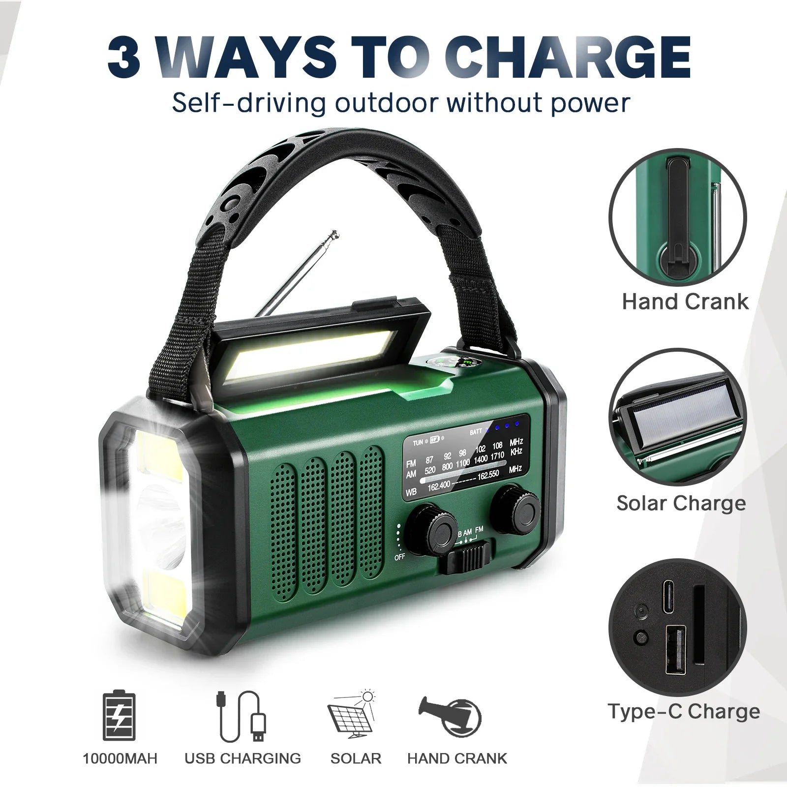 Emergency NOAA Weather Radio with Solar Hand Crank and SOS Power Bank