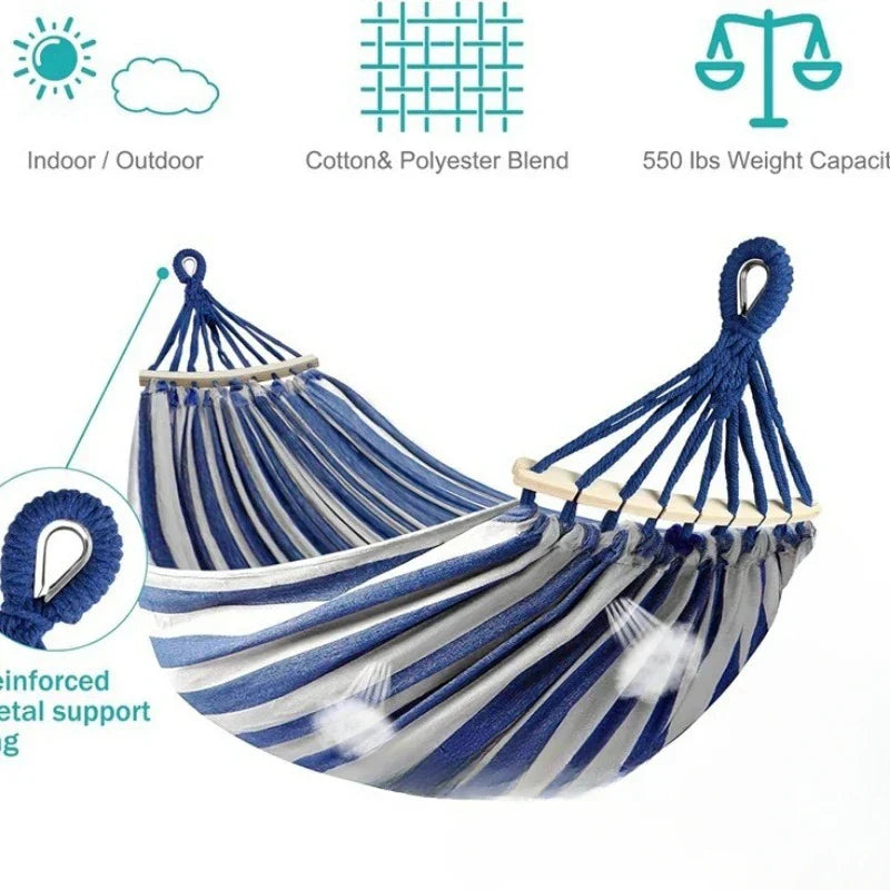 Portable Double Canvas Hammock with Anti-Roll Wooden Spreader Bars