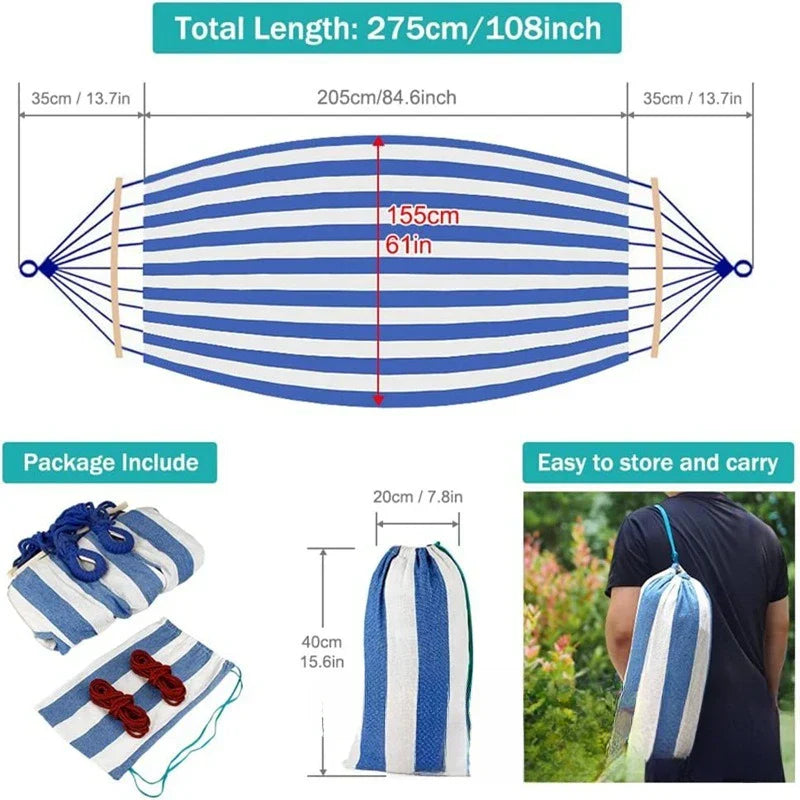 Portable Double Canvas Hammock with Anti-Roll Wooden Spreader Bars