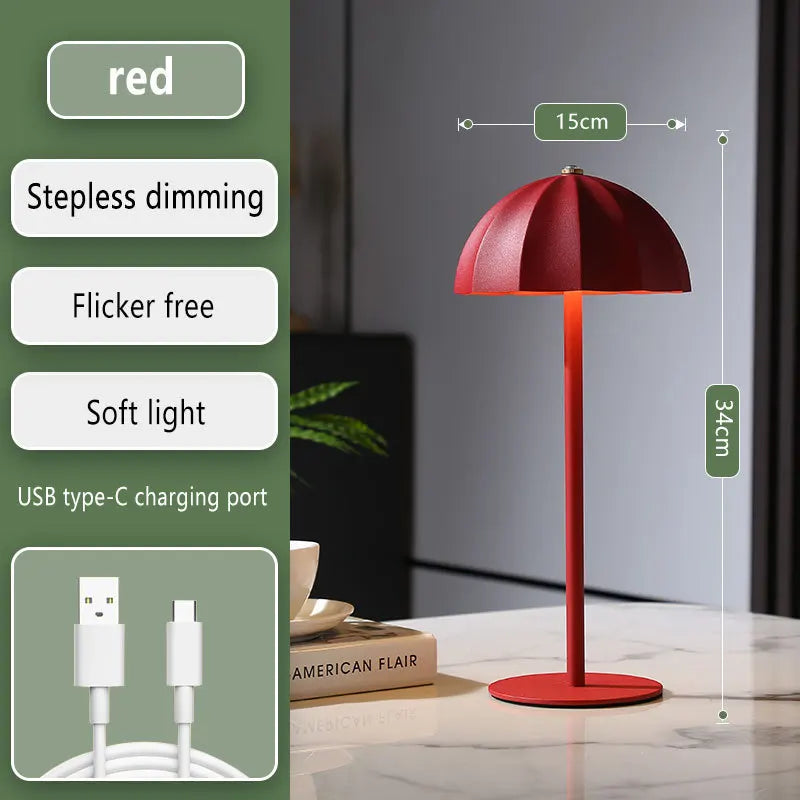 Rechargeable Metal LED Umbrella Table Lamp with Touch Dimming