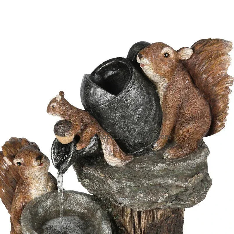 Solar Powered Garden Fountain Statue | Duck & Squirrel Decor with LED Light