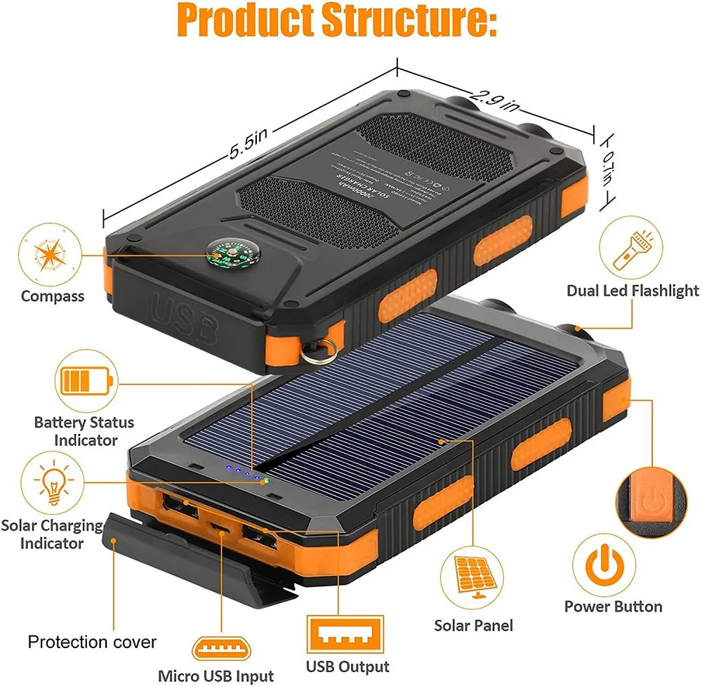 Portable Solar Power Bank and Phone Charger with LED Light 20000mAh