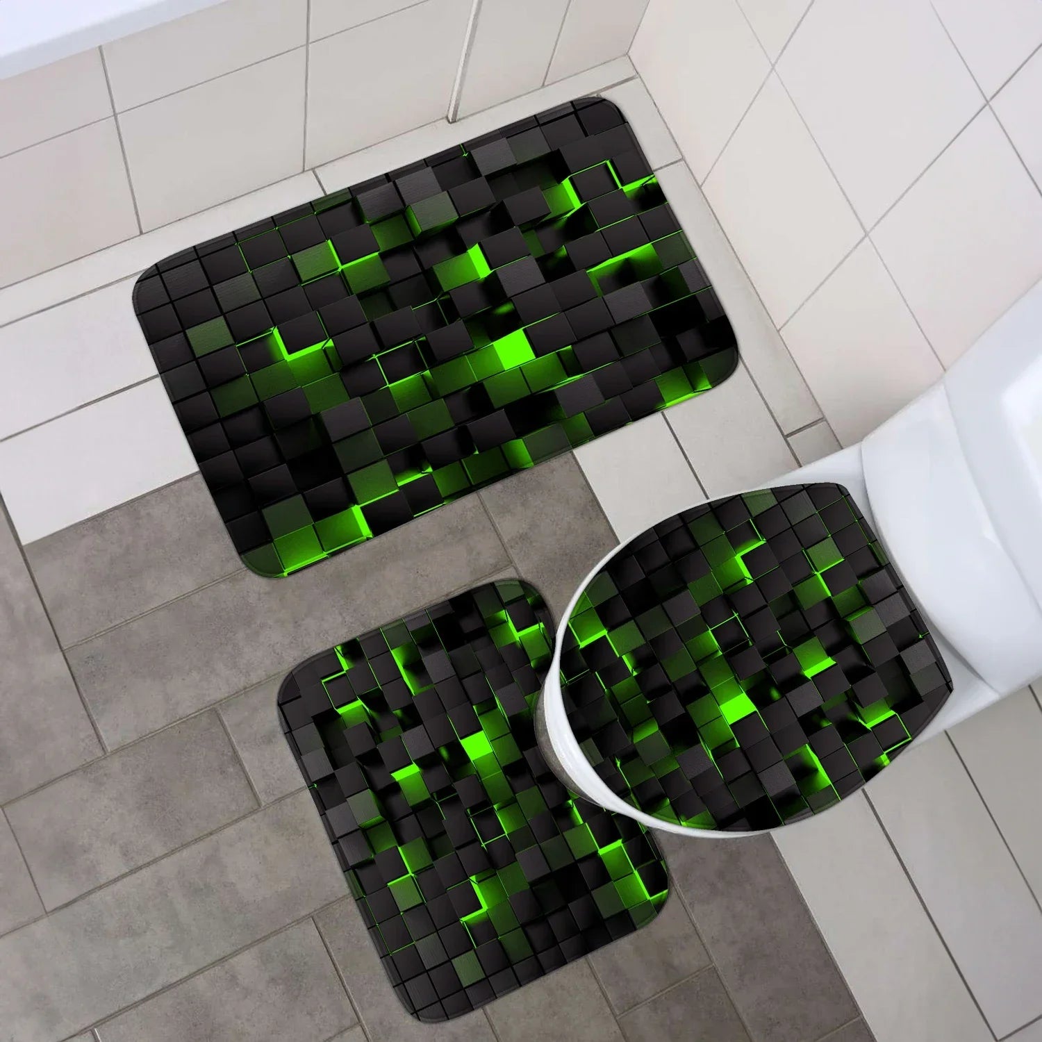 Waterproof Blue and Black Shower Curtain and Bathroom Mat Set 4-Piece