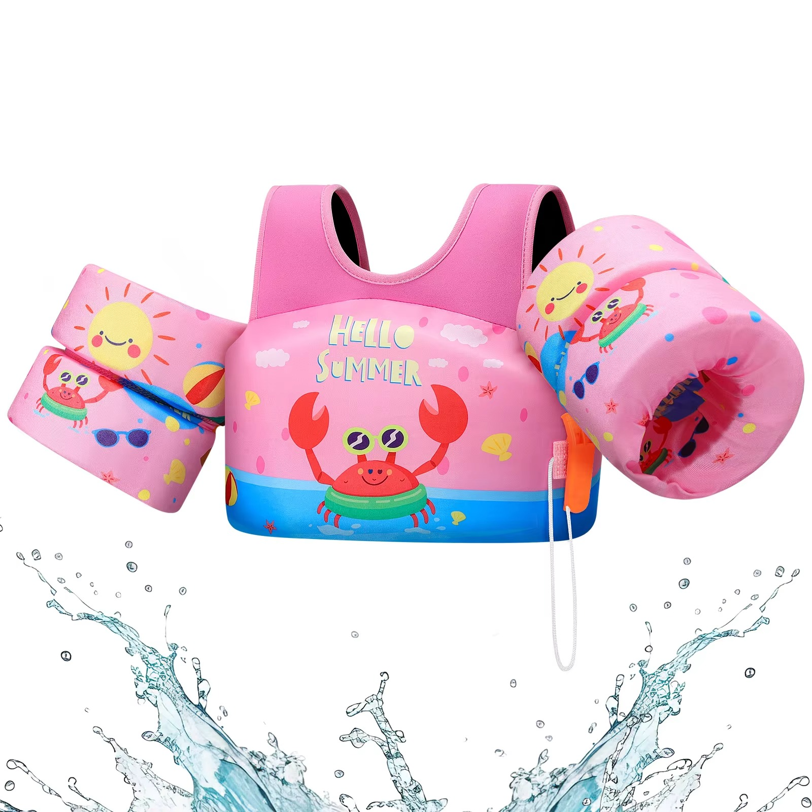 Kids Foam Swimming Life Vest with Arm Floats and Safety Whistle