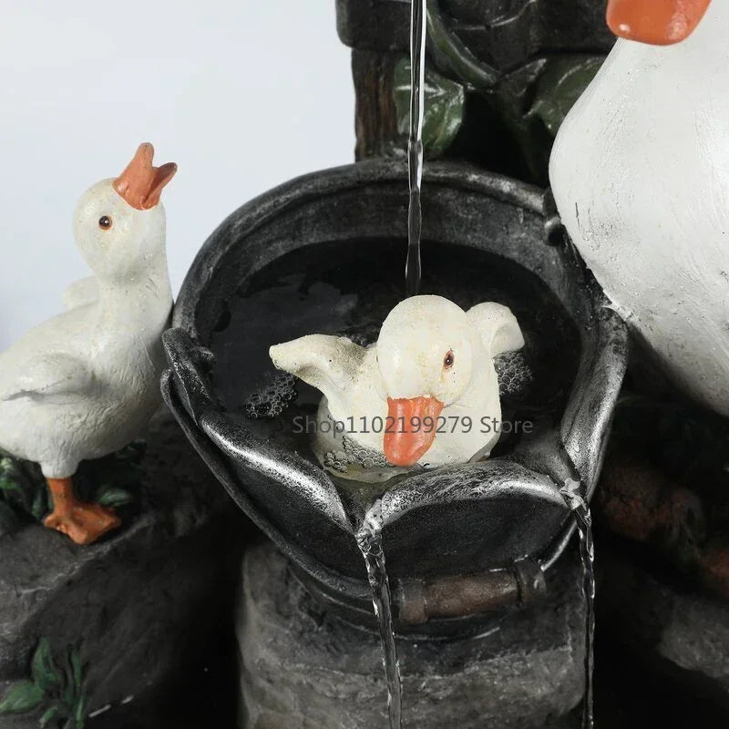 Solar Powered Garden Fountain Statue | Duck & Squirrel Decor with LED Light