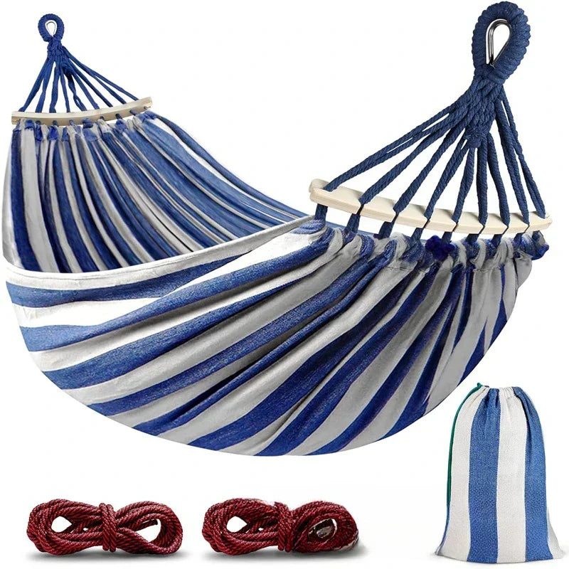 Portable Double Canvas Hammock with Anti-Roll Wooden Spreader Bars