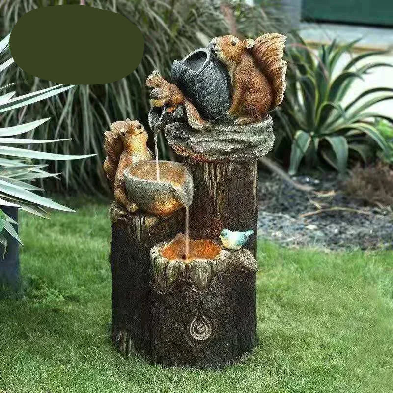 Solar Powered Garden Fountain Statue | Duck & Squirrel Decor with LED Light