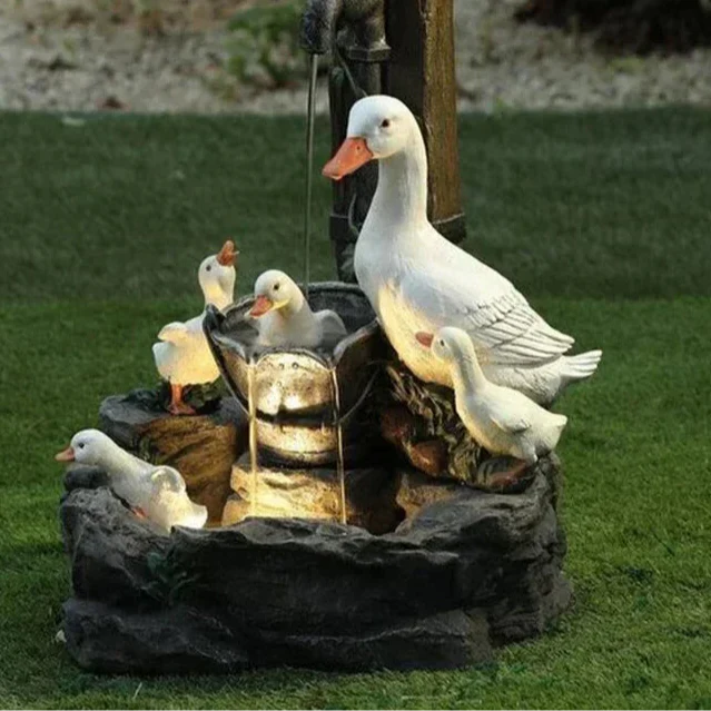Solar Powered Garden Fountain Statue | Duck & Squirrel Decor with LED Light